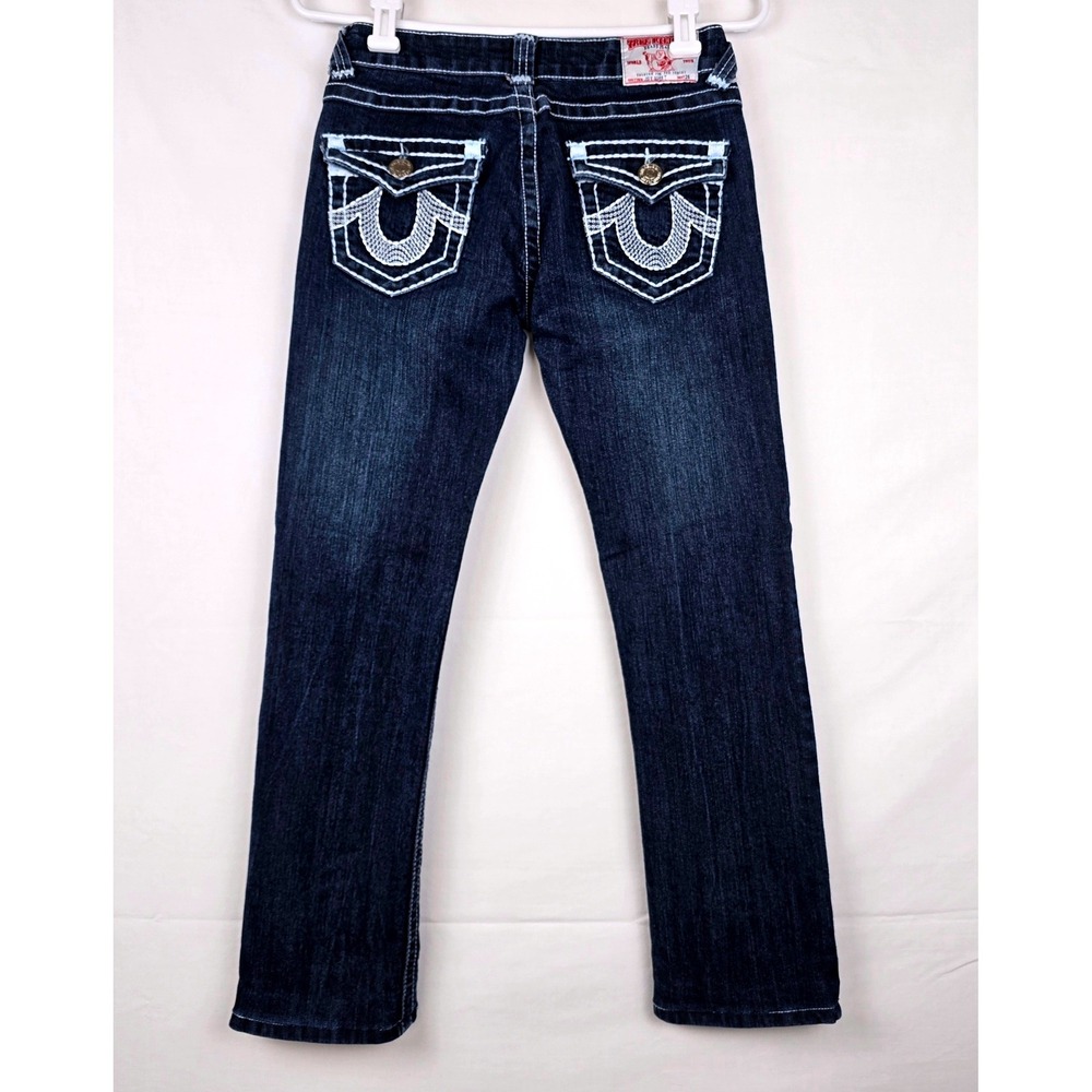 True Religion Joey Super T Dark Wash Flare Jeans White Stitching Low Rise  26x26